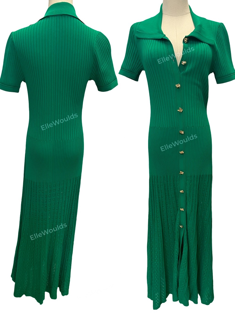 Sandro Lorel Dress Green Ribbed Button-Front Polo Midi Size US 8 FR 40 - Picture 3 of 12